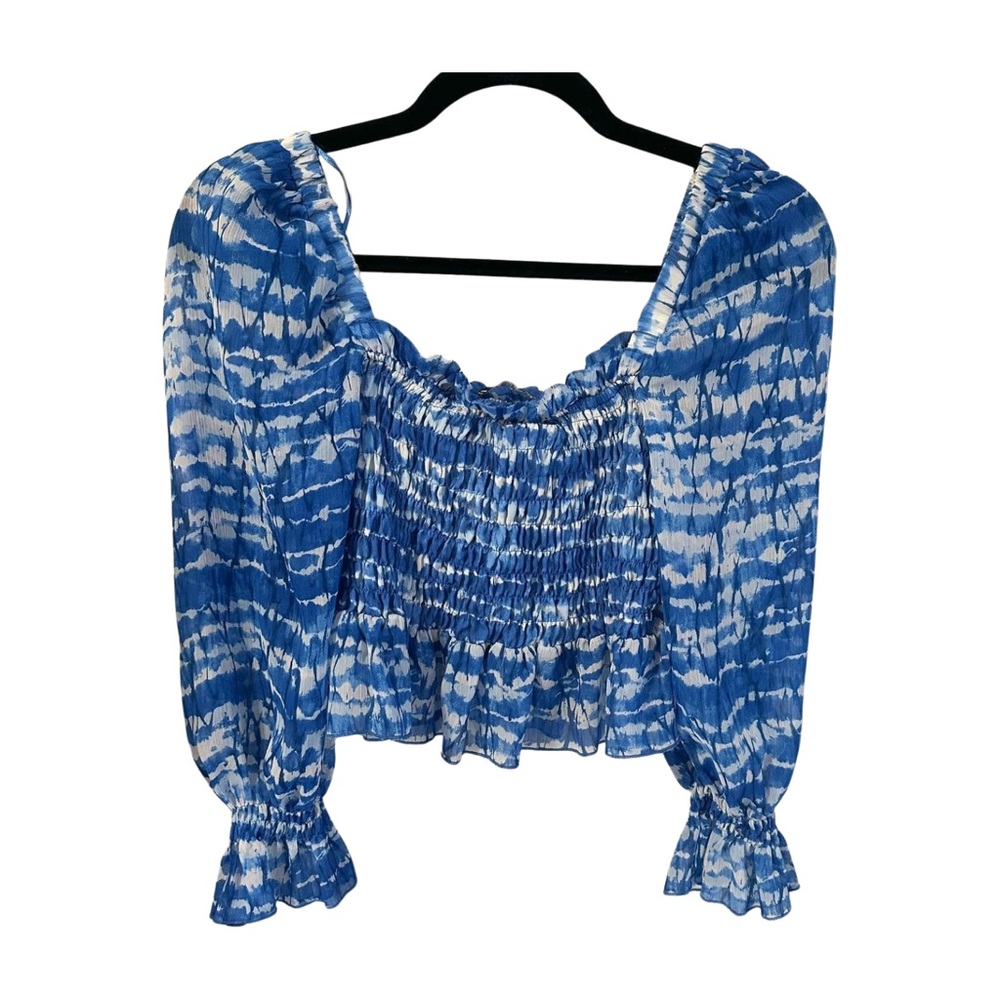 Zara Blue Smocked Long Sleeve Tie-Dye Top – Coastal Boho Festival Blouse size XS